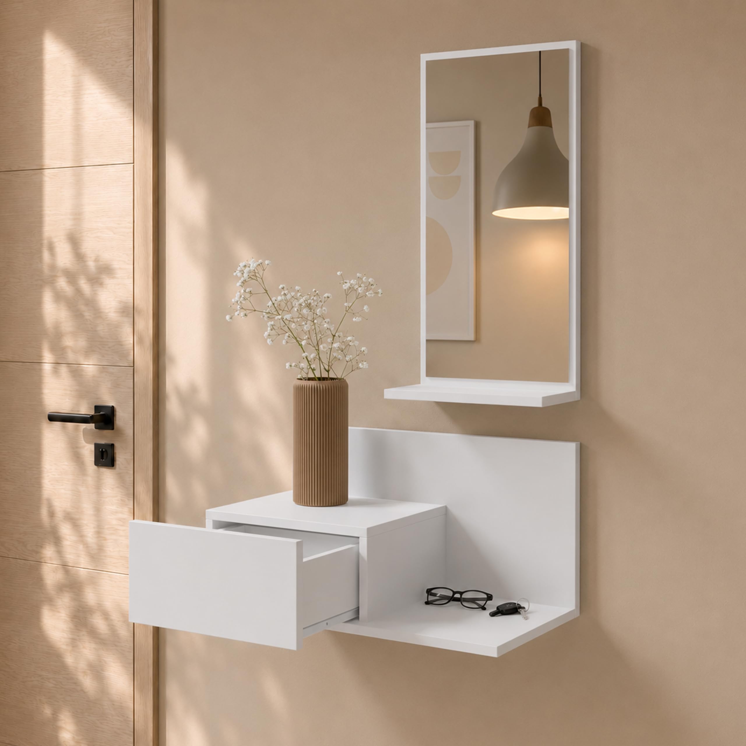 MB Muebles Bonitos | Meuble d’Entrée Mural Isabela avec Miroir et Tiroir | Design Moderne Ssuspendu | Mélamine Mate | Couleur Blanc | 60x29.5x30 cm