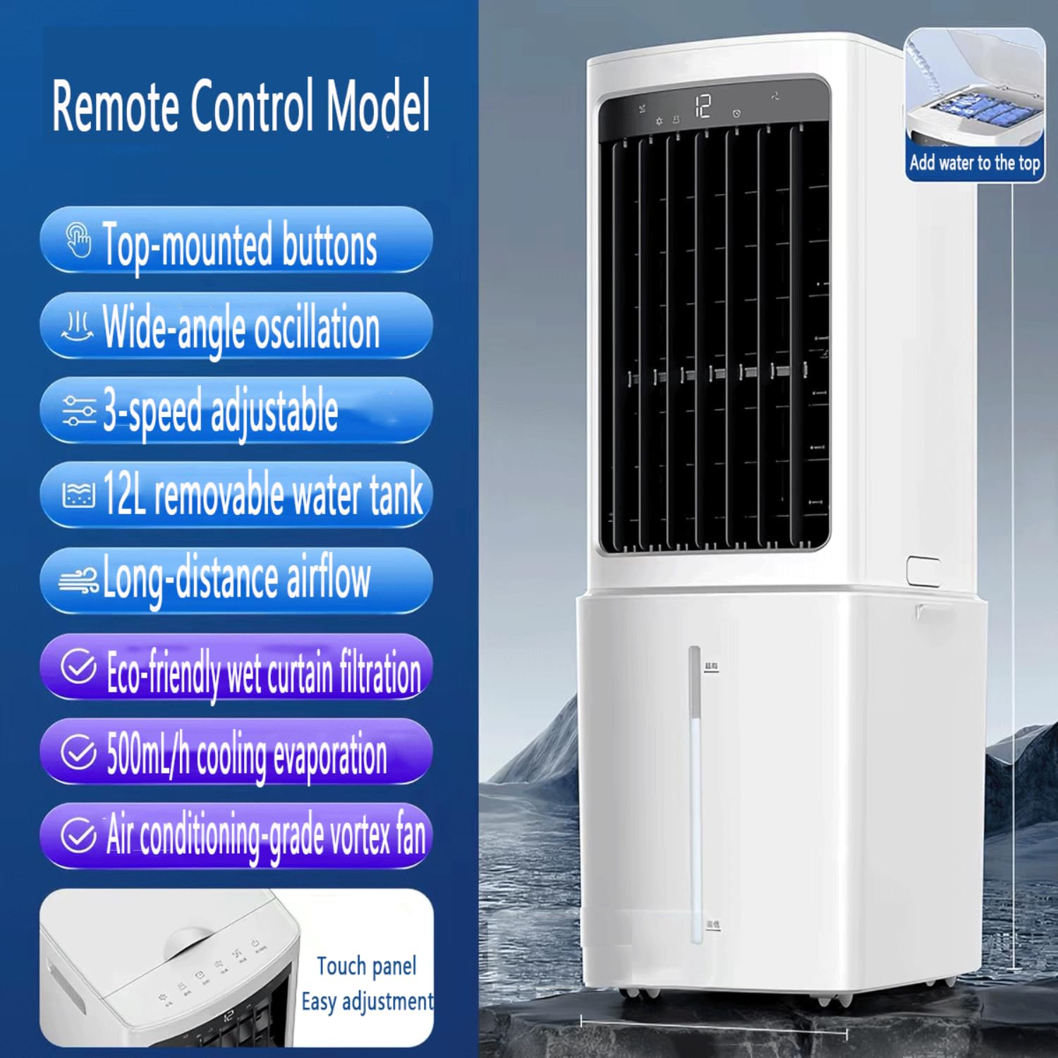 Condizionatore Portatile 12L Serbatoio Estraibile Raffreddatore d’Aria senza Tubo 3 Modalità3 Velocità Climatizzatore Evaporativo Silenzioso Timer7.5 H Telecomando Ventilatore Aria Fredda per Casa