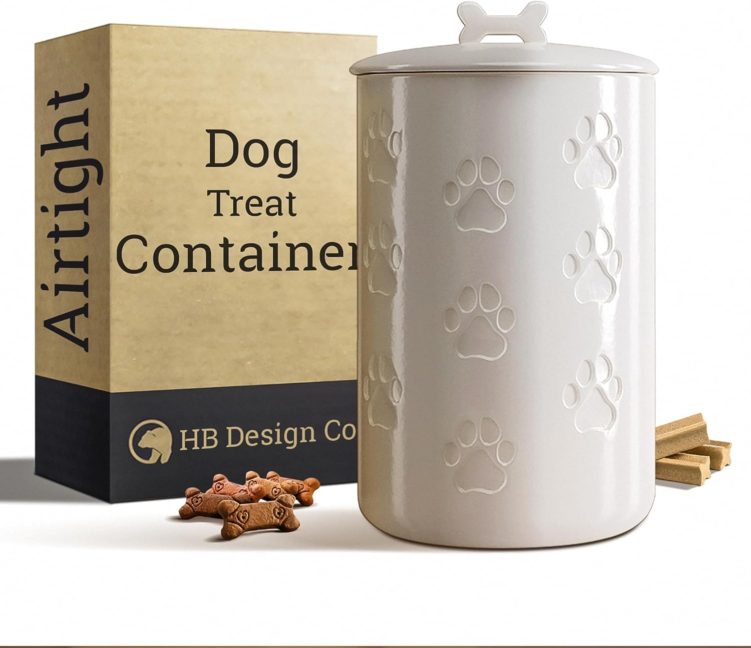HBDesignCo Airtight Ceramic Dog Treat Jar - 7 Cup Large Capacity, Paw Print Kitchen Counter Canister with Bone Handle