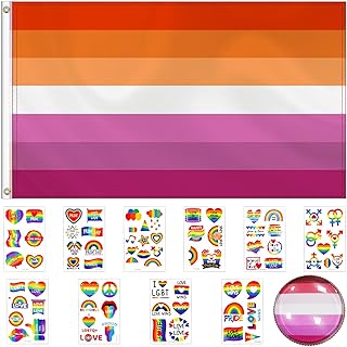 Lesbian Pride Flag Set - 75pcs Pride Stickers, 5x3Ft LGBT Lesbian Flag, Pride Pin - Pride Tattoos Lesbian Gifts Pride Accessories LGBTQ Rainbow Flag for Party Parade Carnival Festival Celebration