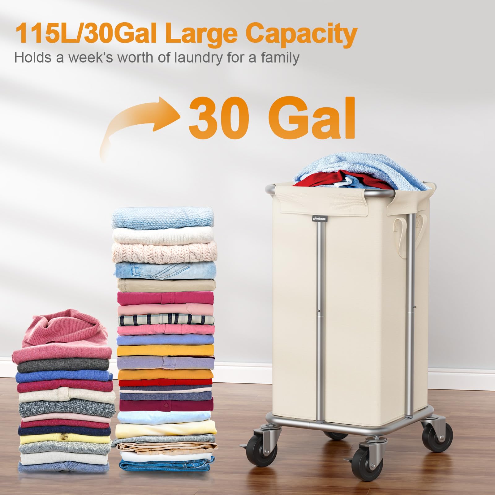 Hodonas Wäschekorb mit Rollen, 115 l, rollender Wäschekorb, großer Wäschekorb mit Stahlrahmen und abnehmbarer Tasche, Schlafzimmer, Badezimmer, Schlafsaal, Waschküche, Organisationskörbe, Beige