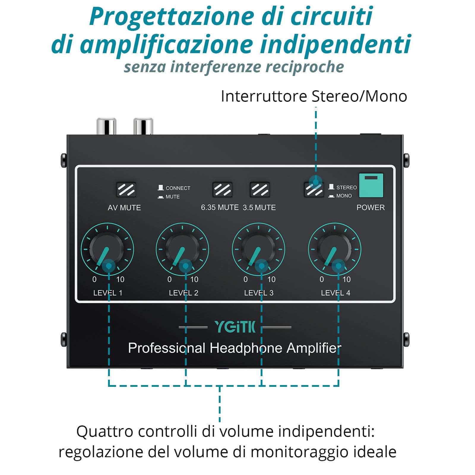 Amplificatore per Cuffie Professionale 4 Canali Audio Mono/Stereo con Ingressi 3,5 mm/6,35 mm per Club, Bar, Mixer