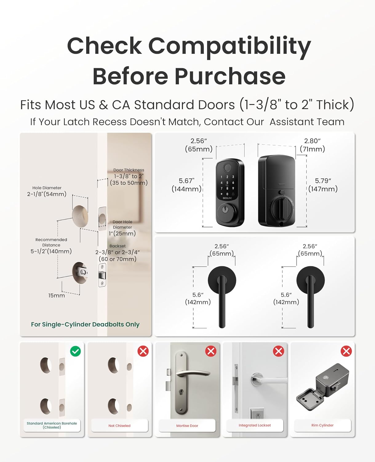 DESLOC B200 Fingerprint Smart Lock with 2 Lever Handles, Keyless Entry Front Door Lock Set, Electronic Keypad Deadbolt, App Control, Auto Lock, Long Battery Life,Matte Black