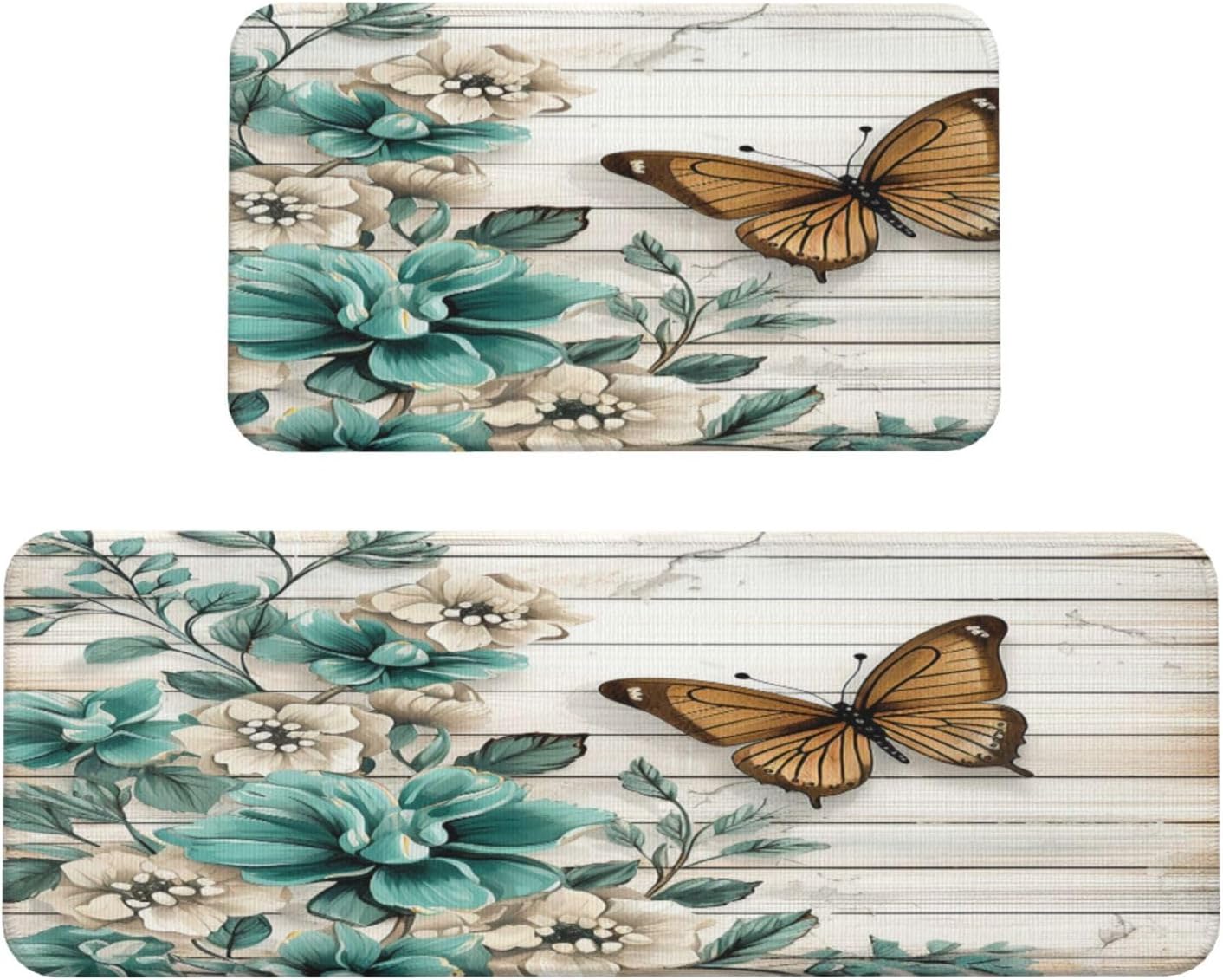 Rustic Teal Flower Butterfly Vintage Brown Wooden Kitchen Rugs Mats Set of 2 Pcs Non-Slip Floor Mats Washable Runner Rugs Set for Bathroom Laundry Hallway Kichen Comfort Standing Mat