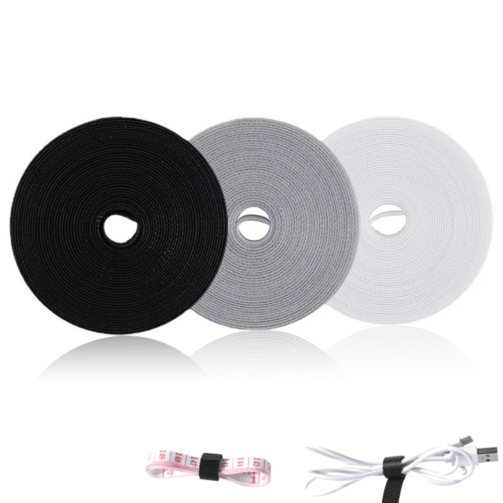 3 PCS Double Sided Roll, Cable Tidy, Fastening Tape Hook and Loop Cable Ties Reusable Self Adhesve Straps for Cable Organization （White, Gray&Black）