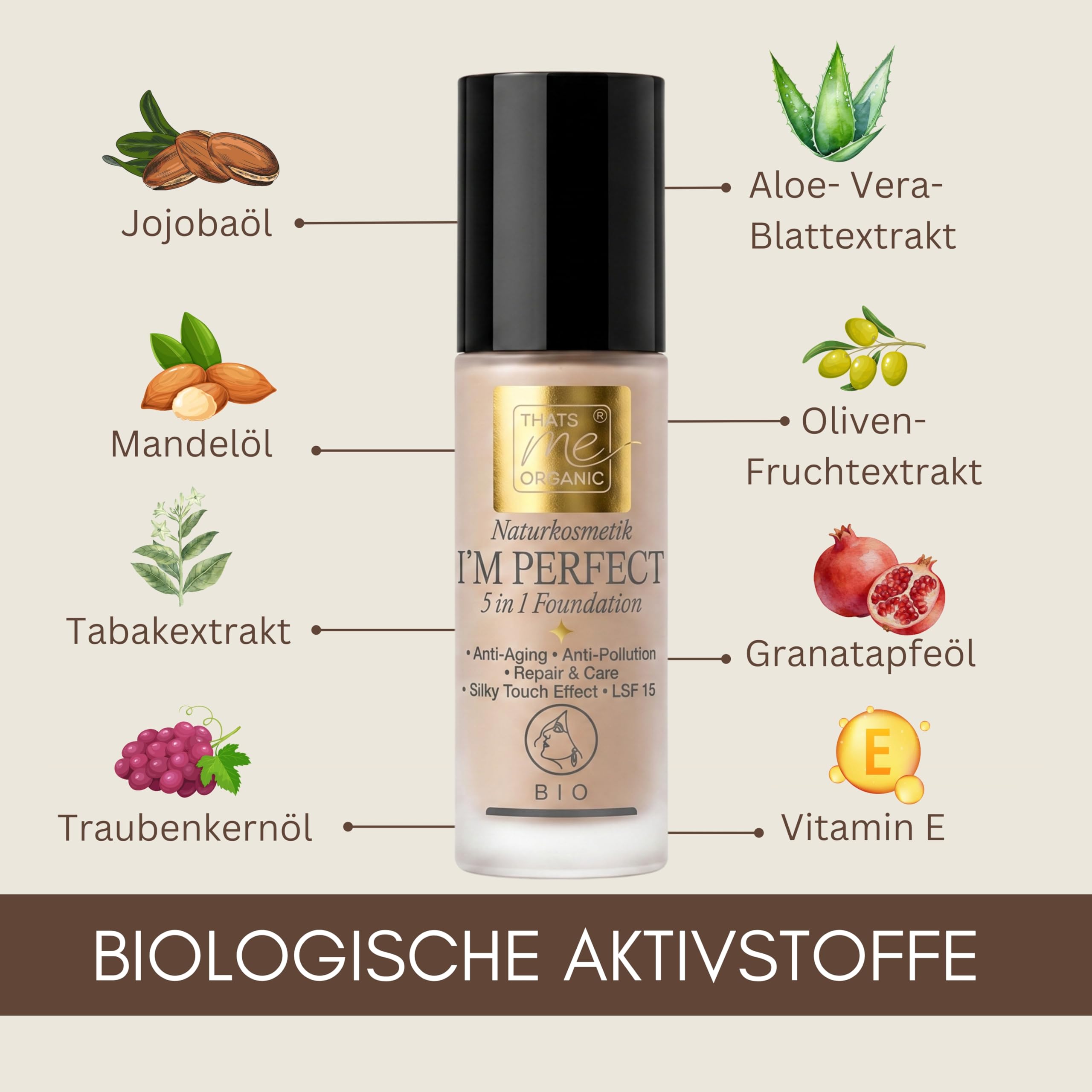 Thats me organic BIO Foundation Serum I´M PERFECT 5in1 – 30ml vegan ohne Titandioxid – Anti Aging Foundation Make Up mit Sonnenschutz LSF 15 – Naturkosmetik Make up für alle Hauttypen