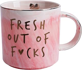 Hendson Funny Sarcastic 'Fresh Out Of' Pink Marble Coffee Mug - 11.5oz Novelty Gag Gift for Women, Friends, Coworkers