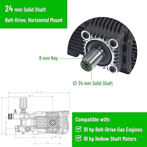 Miniatura 3 de CANPUMP CE 3650 S Bomba de lavado a presión de 3600 psi a 5 gpm EE. UU. con transmisión por correa, descargable externa, eje sólido de 24 mm, bomba