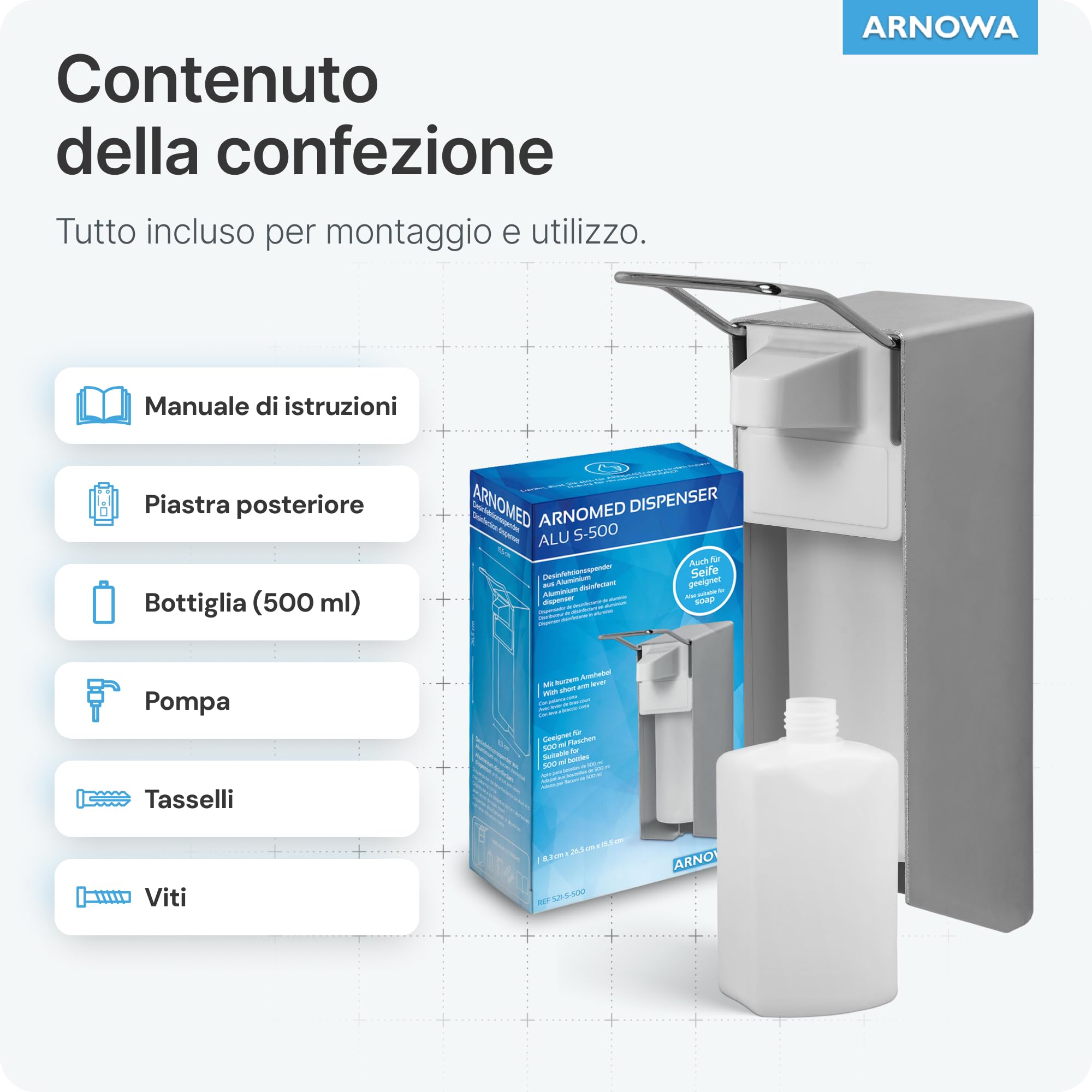 ARNOMED 4 Dispenser di sapone in alluminio, dispenser a muro gel disinfettante mani da 500ml, Euro dispenser con leva lunga, dispenser gel disinfettante mani parete, dispenser bagnoschiuma doccia