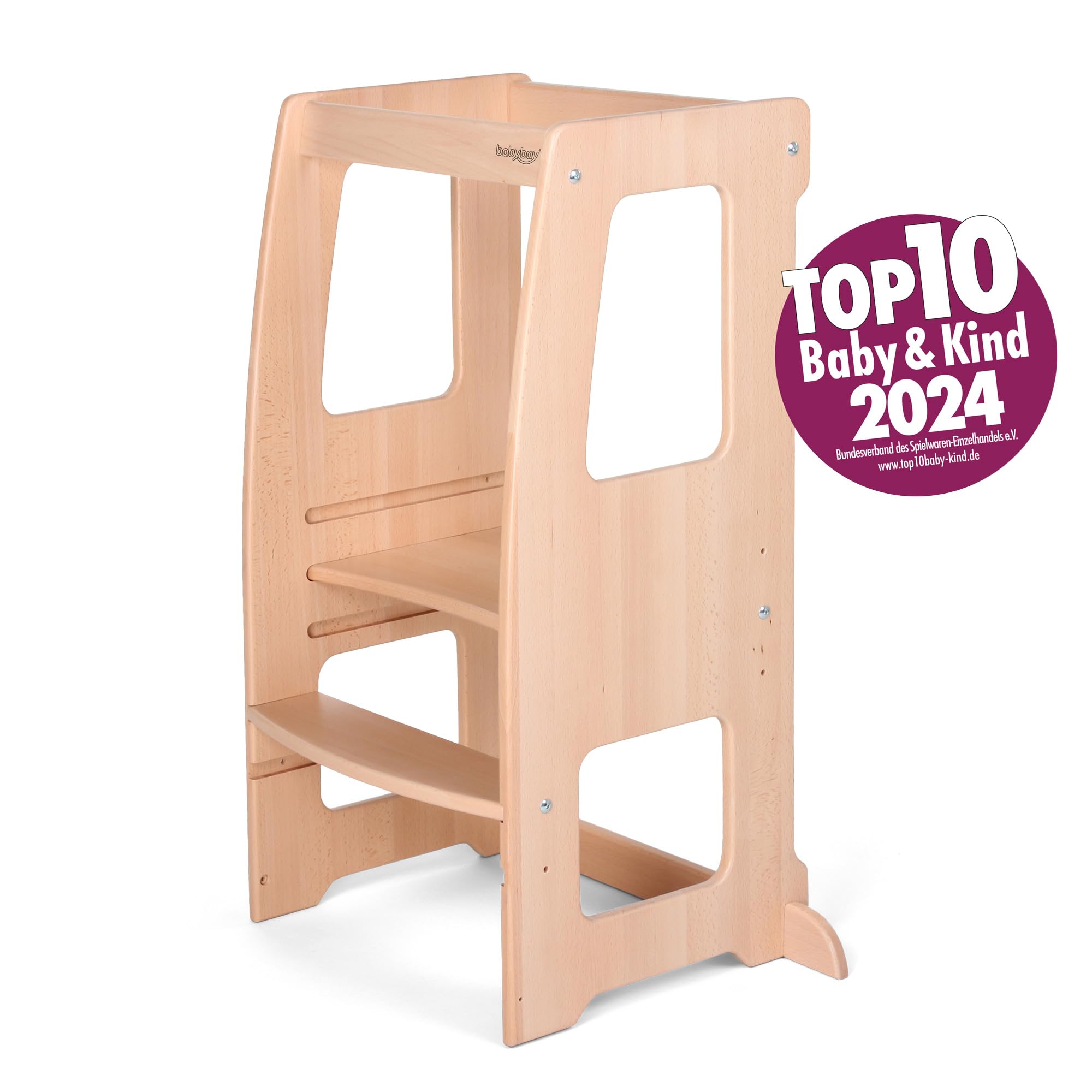 babybay Littlefoot Leertoren, maximale kantelveiligheid door massief beukenhout, bevordering van de motoriek, drievoudig in hoogte verstelbaar, ergonomische instap, uitsparing voor keukengrepen, beige
