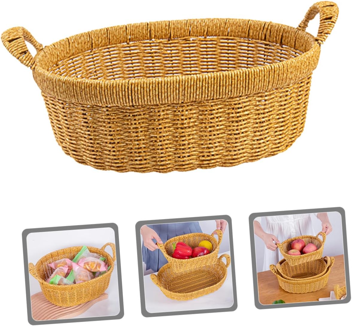 Tofficu Large Oval Deep Fruit and Bread Basket Handles, Plastic Imitation Rattan Proofing and Serving Tray for Kitchen Storage and Outdoor Picnic Use