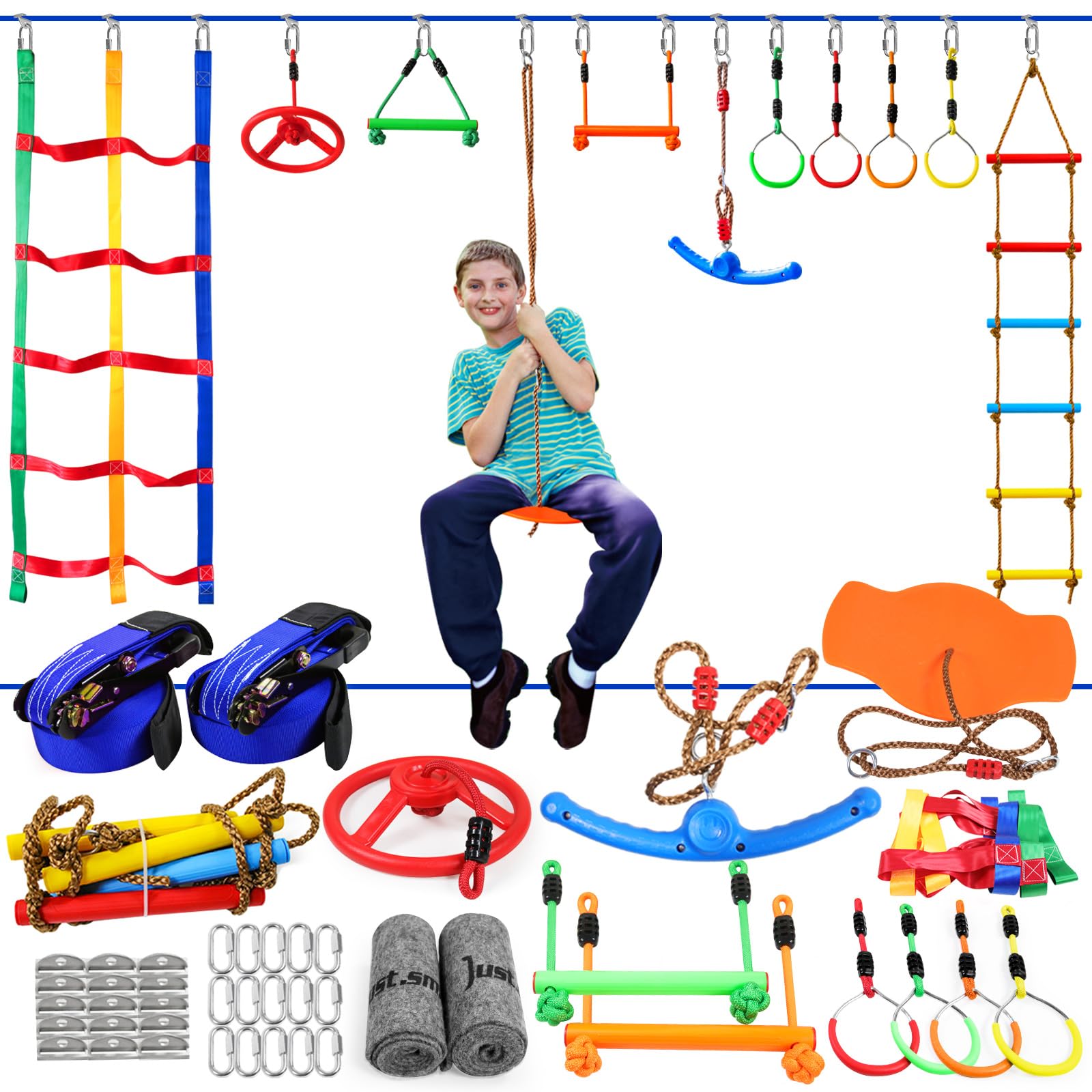 ninja warrior obstacle course for kids, 2 x 52ft slackline with rotating swing, climbing ladder, gymnastic rings, training equipment set for backyard (2x52ft)