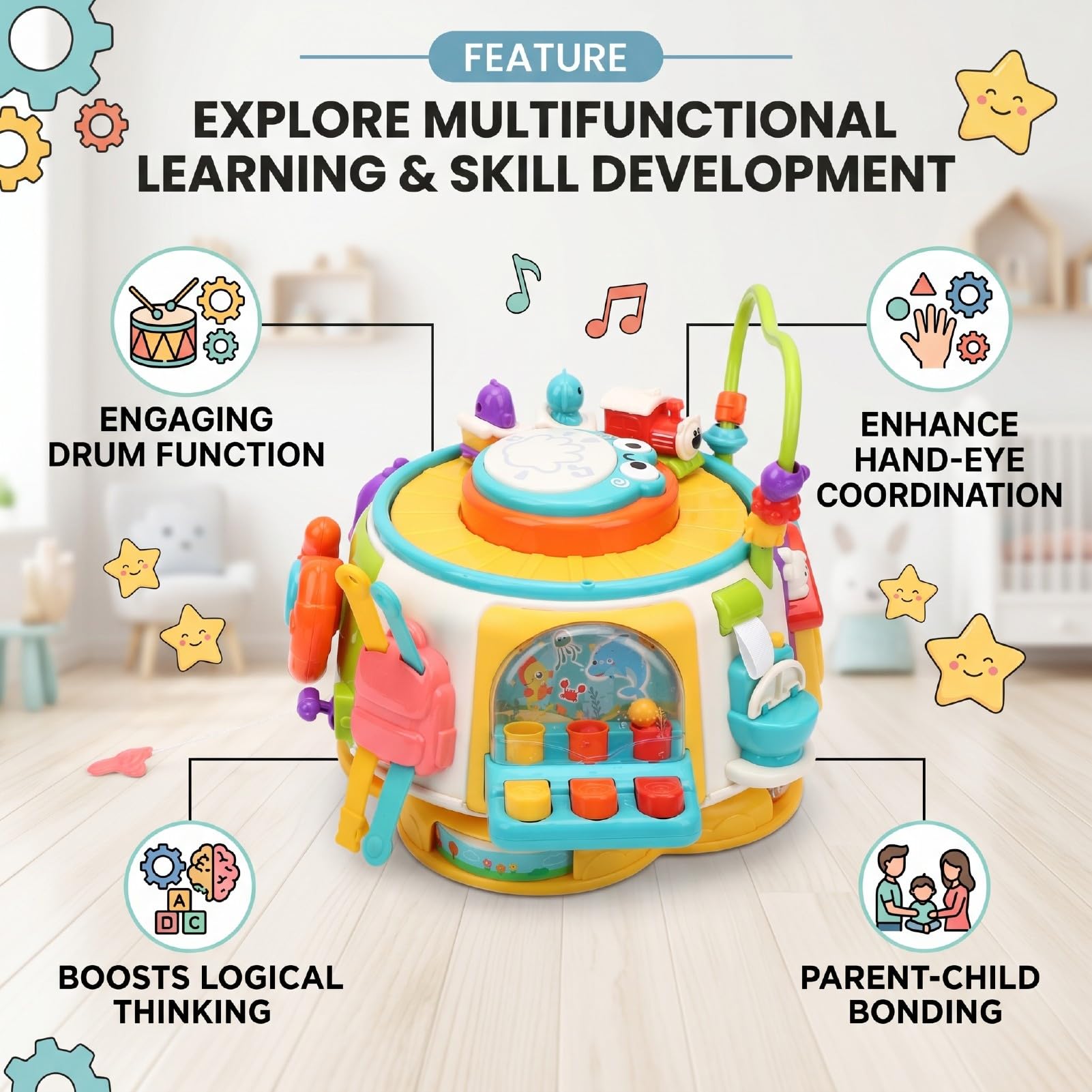 Cubo de Actividades Educativas, Juguete Hexaedro para bebé de Silicona ABS con Juego de 6 Caras, Aprendizaje Sensorial de Coordinación Ojo-Mano, Desarrollo Temprano para Niños
