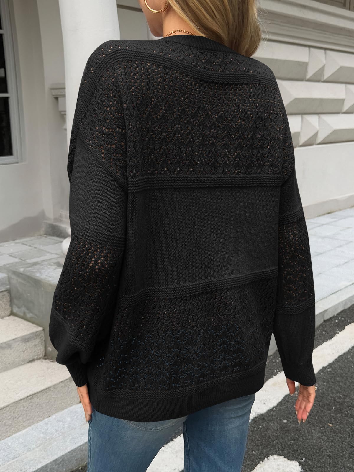 Saodimallsu Sweter damski z dekoltem w kształcie litery V, szydełkowany sweter z dzianiny, jednokolorowy, lekki, z długim rękawem, luźny, elegancki, basic, dzianinowy top