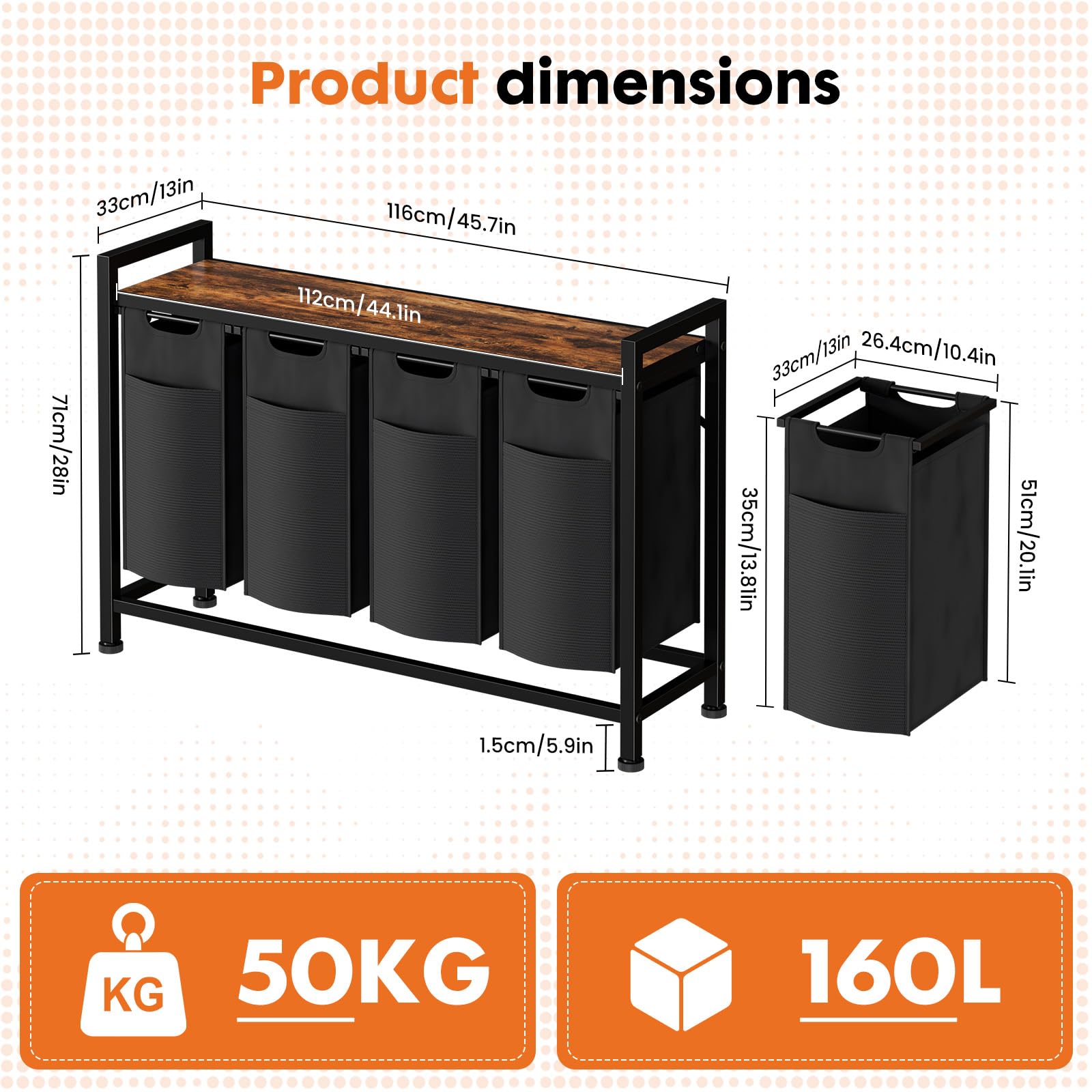 Sweetcrispy Wäschesammler mit Rollen, Wäschekorb 4 Fächer, 160 L, Schwarz | mit Ablage, 4 abnehmbare Wäschesäcke, Familien-Wäschesortierer, für Waschküche/Bad