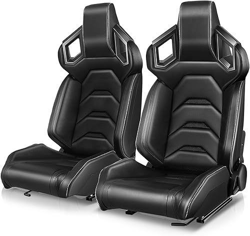 Auto Dynasty Par de Asientos de Carreras Universales Tipo Bucket de Cuero Vinílico y Fibra de Carbono Reclinables con Rieles de Montaje Inferior,