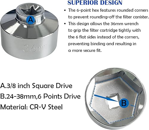 Miniatura 3 de Juego de llaves de filtro de aceite de 7 piezas, 3/8 pulgadas, juego de vasos de aceite de perfil bajo, herramienta universal para quitar tapones de