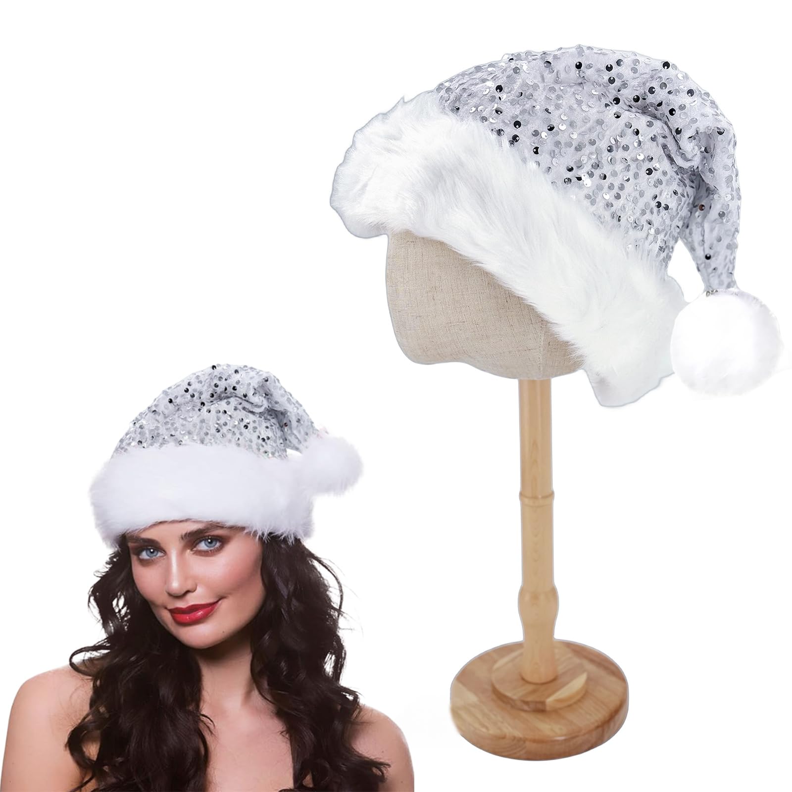 Santa Claus Hats for Kids and Adults - Luxury Plush Velvet Xmas Hats with Sequin Trim - Perfect for Christmas and New Year Parties - Image 3