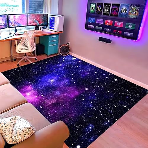 Miniatura 3 de Alfombra de área de cielo estrellado de galaxia azul y morado, alfombra espacial para dormitorio de niños, cocina, antideslizante, 4 x 6 pies