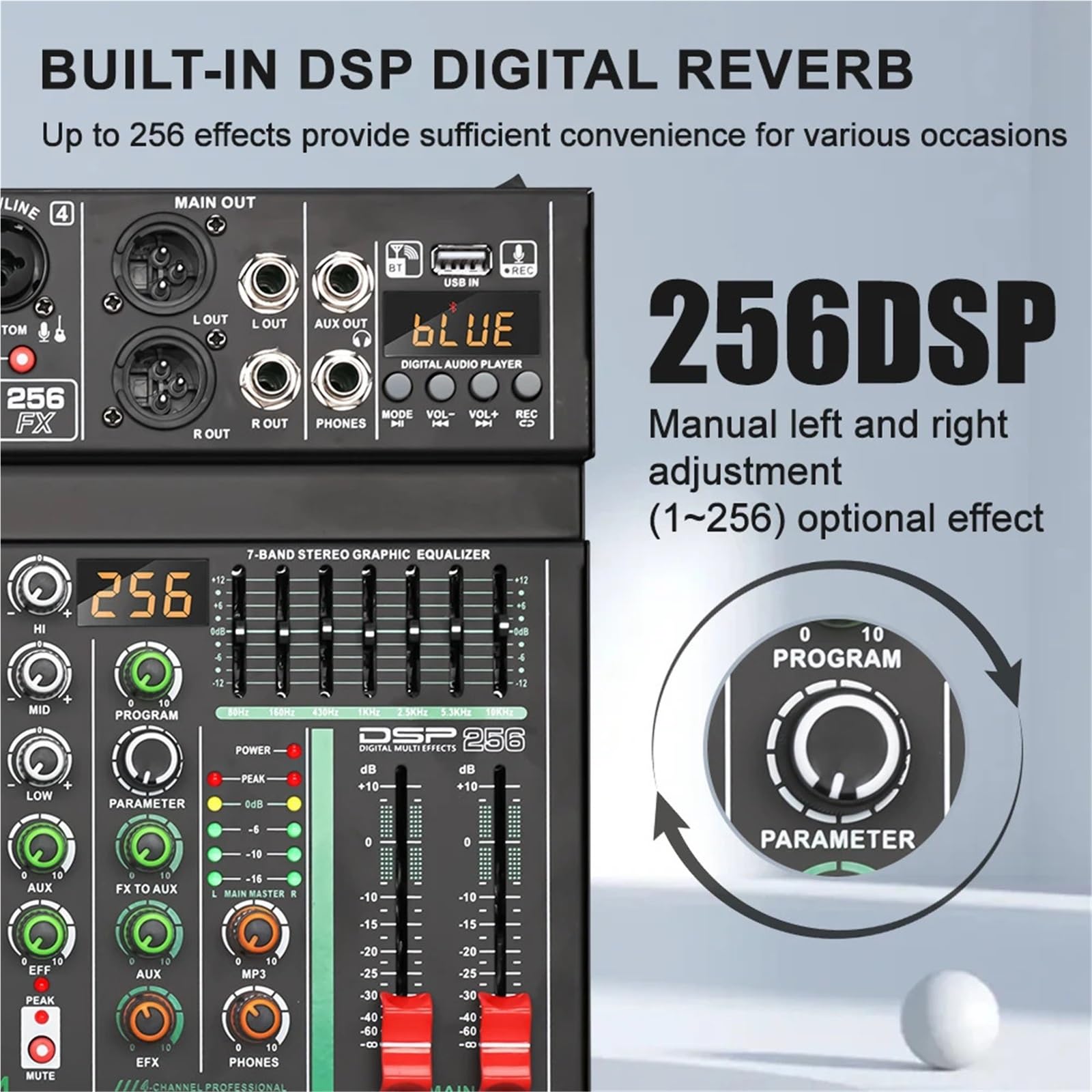 Mixer con effetti DSP a 4 canali, 256 canali, registrazione, PC, alimentazione Phantom a 48 V, mixer USB, console DJ Bluetooth, mixaggio