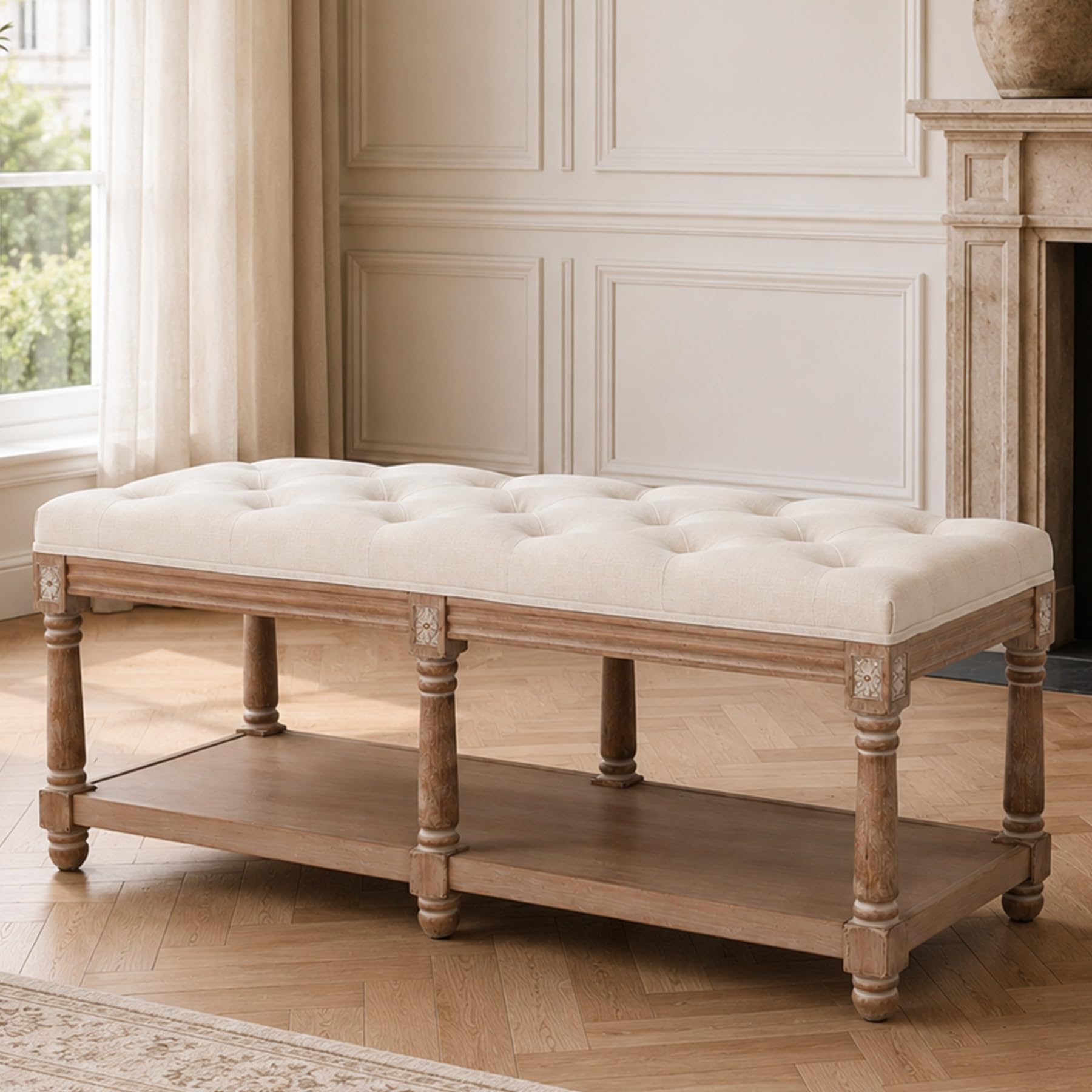 HomeMiYN Vintage Storage Bench Ottoman Upholstered Linen Wooden 114cm Cream