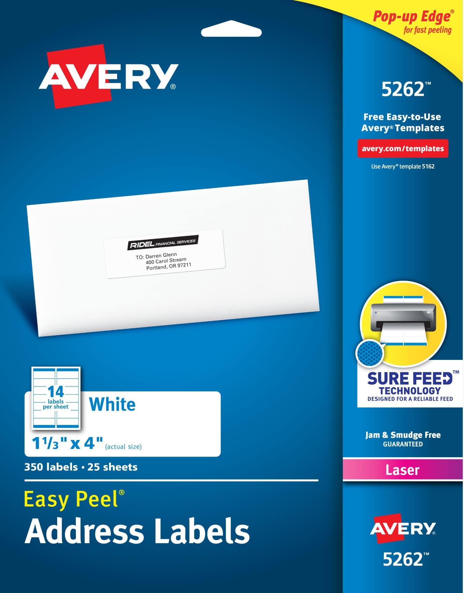 Easy Peel Printable Address Labels with Sure Feed, 1-1/3" x 4", White, 350 Blank Mailing Labels (05262)