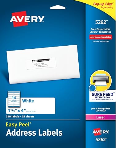 Avery Posta Adresi Etiketleri, Lazer Yazıcılar, 350 Etiket, 1-1/3 x 4, Kalıcı Yapıştırıcı, 5 Paket (5262)