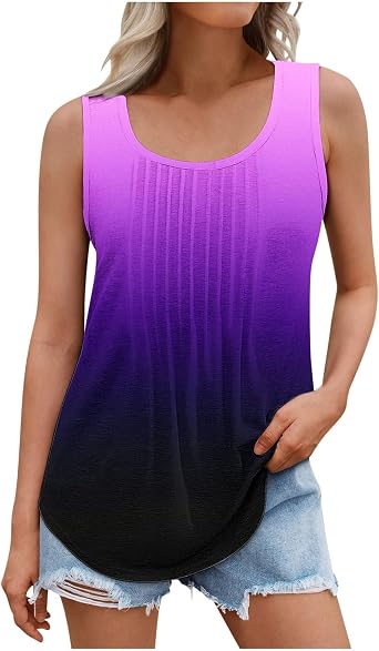 Plus Size Tank Top Womens Sleeveless Tunic Vest Fashion Gradient Color Baggy Casual Round Neck T-Shirt Pullover