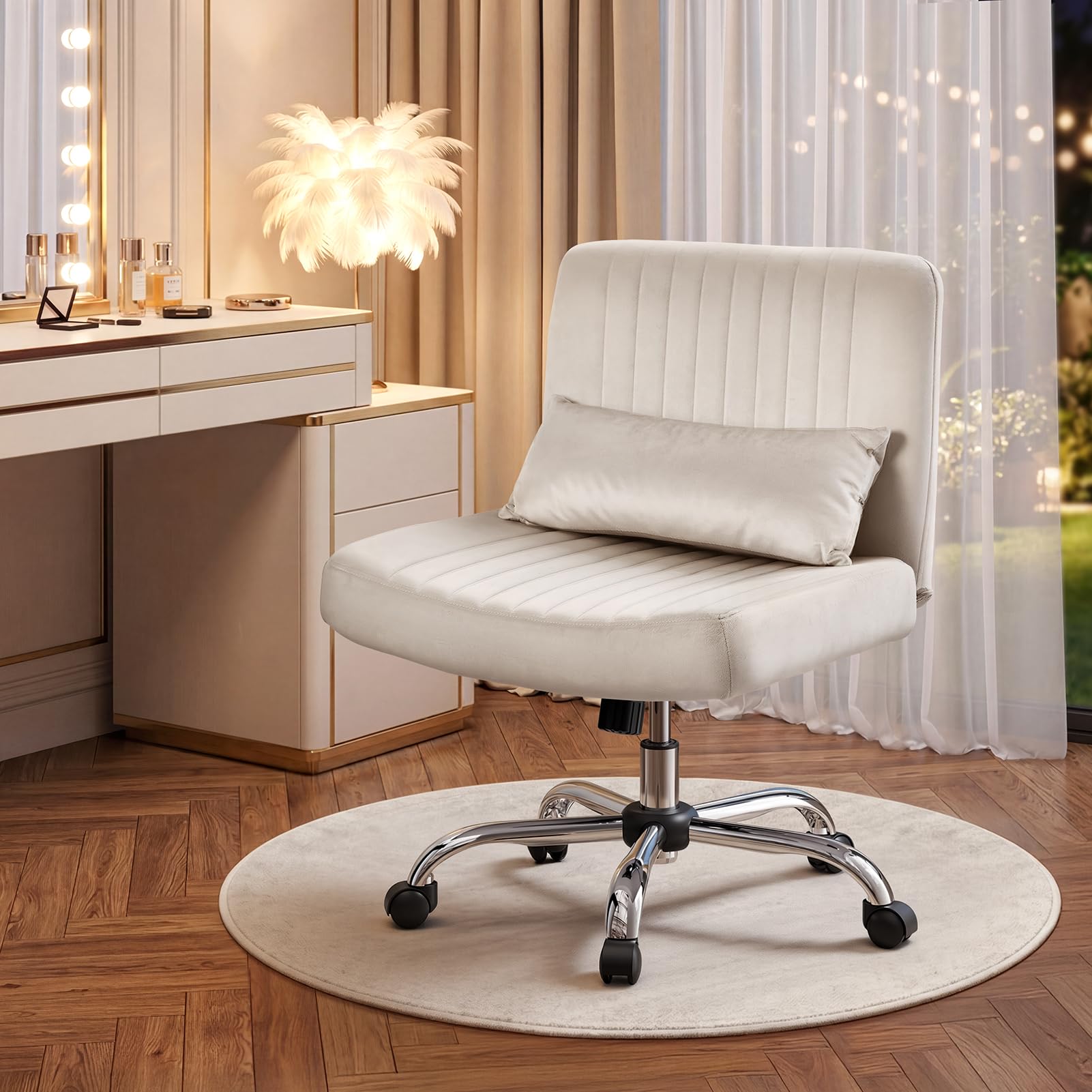 Warmiehomy Criss Cross Legged Velvet Office Chair for Home, Armless Desk Chair with Wheels, Height Adjustable Swivel Vanity Chair with Wide Seat and Lumbar Pillow for Bedroom and Home Office, Beige — image 1