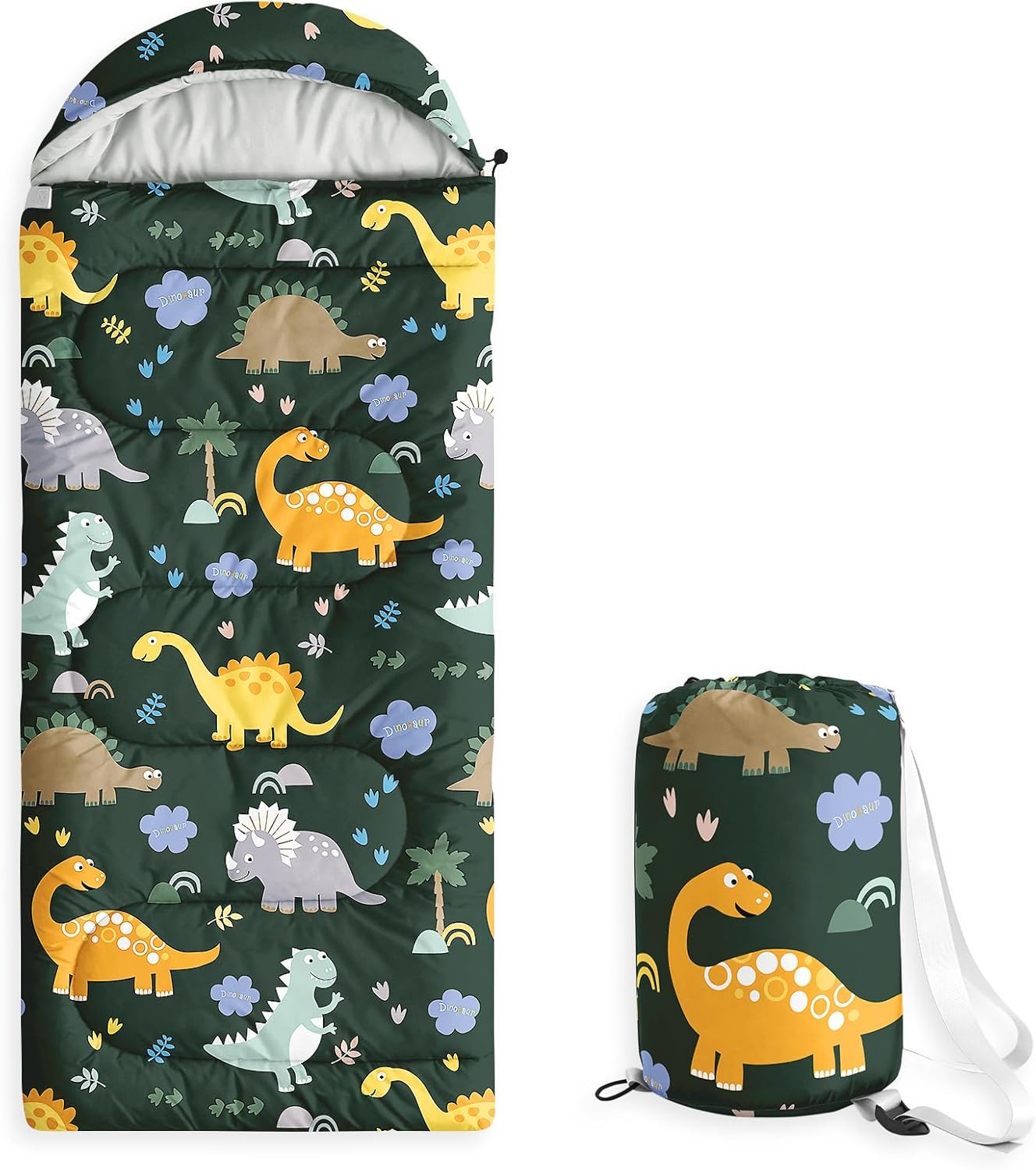 Wake In Cloud - Kids Sleeping Bag for Boys Toddlers, Camping in Warm Cold Weather, Backpacking Lightweight Compact Outdoor Liner for 3 Seasons, Cartoon Jurassic Dinosaur