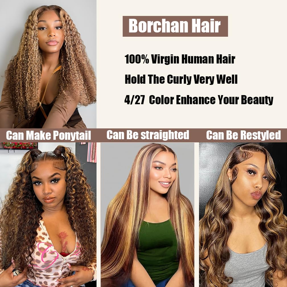 Borchan Highlight Bundles Human Hair Honey Blonde Bundles Water Wave 100% Brazilian Virgin Remy Hair Ombre 4/27 Colored Human Hair for Women 16 18 20 22 Inches Sew In Weave