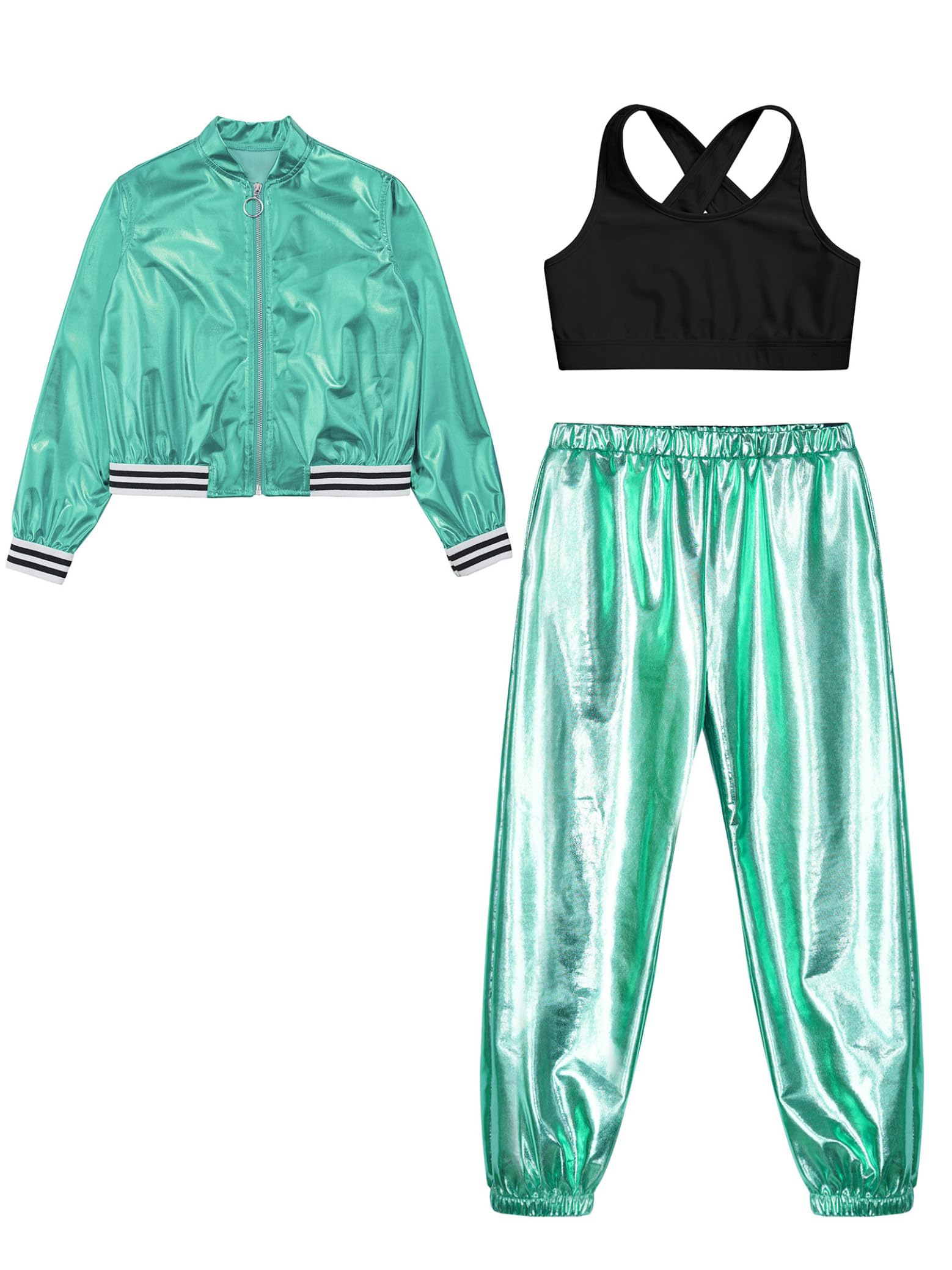 Bambini Ragazze Metallic Sports Suit Giacca Olografica A Maniche Lunghe con Reggiseno Sportivo Pantaloni Scintillanti A Vita Alta 3pc Sportswear