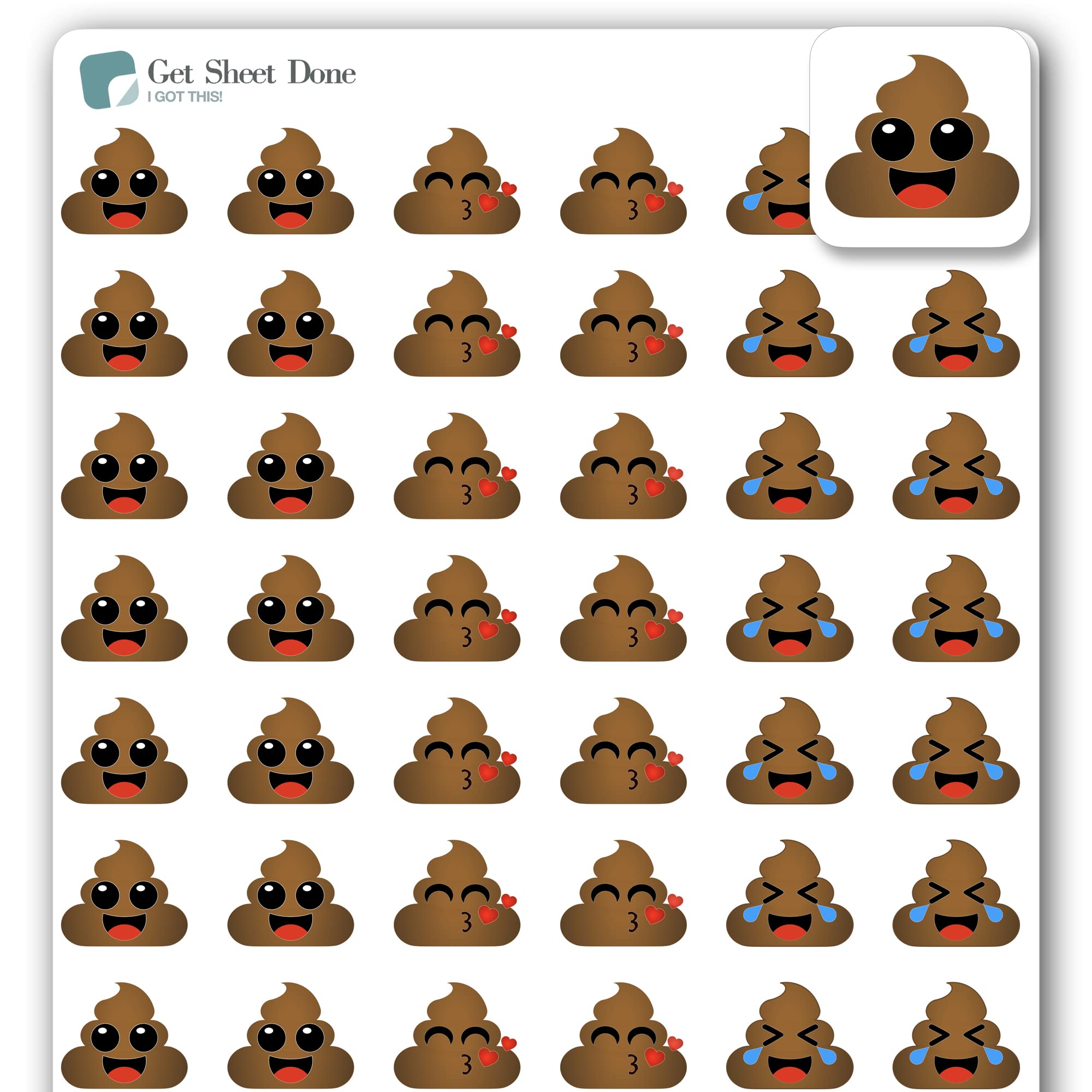 Poop Emoji Stickers / 54 Fun Vinly Stickers/Poop & Giggles/Emoticon Icon/Essential Productivity Life Planner/Bujo Bullet Journaling/Scrapbooking Planner Calendar Kawaii (Matte Vinyl, 1 Sheet)