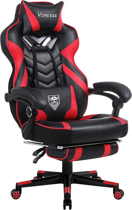 Silla para juegos, silla para juegos grande y alta con reposapiés y masaje, sillas para juegos para adultos con soporte lumbar, silla ergonómica para computadora con respaldo alto y cojín de muelles ensacados (rojo/negro)