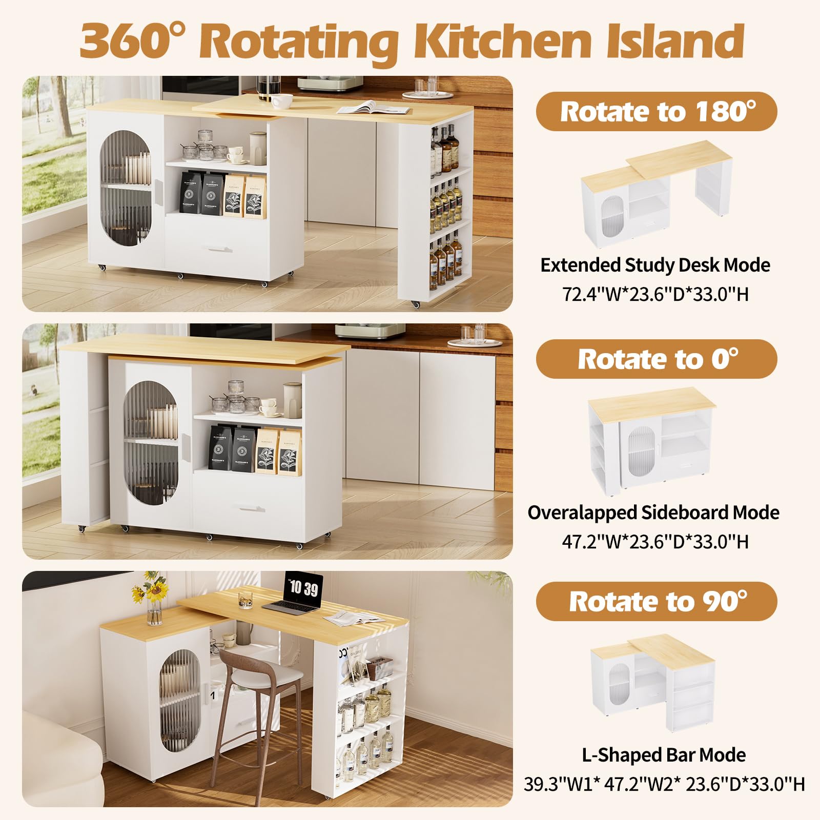Isla de cocina giratoria 360° con espacio de almacenamiento, carrito de cocina móvil, mesa de bar extensible, encimera de acero inoxidable, barra de desayuno con armarios y cajones para cocina comedor