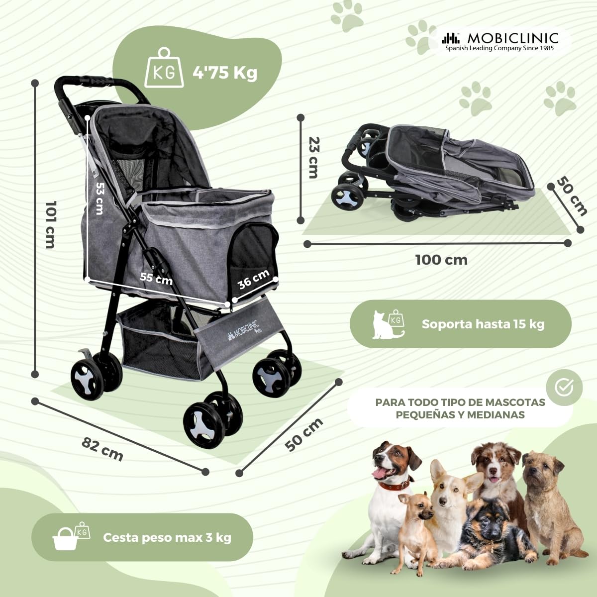 Mobiclinic® pets, Carrito para perros plegable, Ideal pequeños y senior, Zuma, Hasta 15 kg, Ruedas con frenos 360º, Cesta xxl, 3 ventanas cremallera mosquitera, Portavasos, Gris