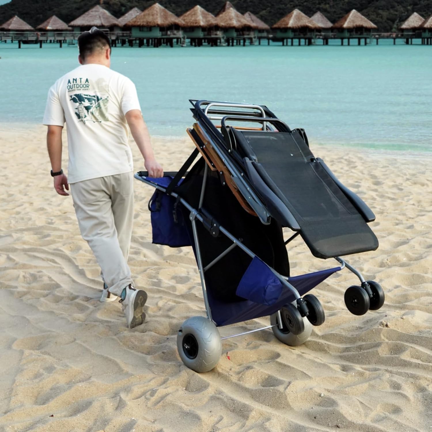 Beach Cart with 10‘’ Balloon Wheels, Holds 4 Folding Chairs, Collapsible Wheeler with Big Wheels for Sand, Pump Included