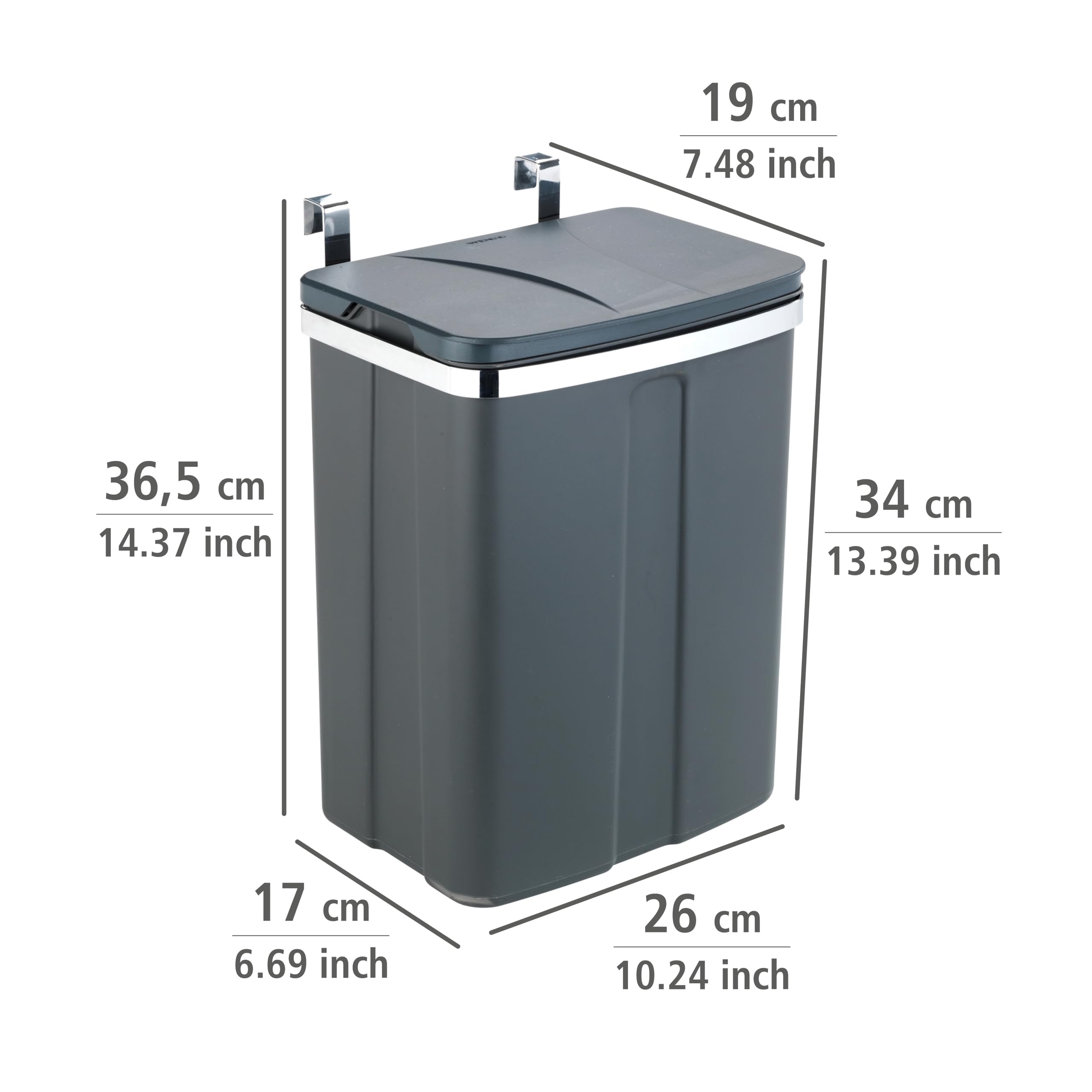 WENKO Poubelle de porte 12 gris - Poubelle d'armoire, poubelle de cuisine Capacité: 12 l, Polypropylène, 26 x 34 x 17 cm, Gris