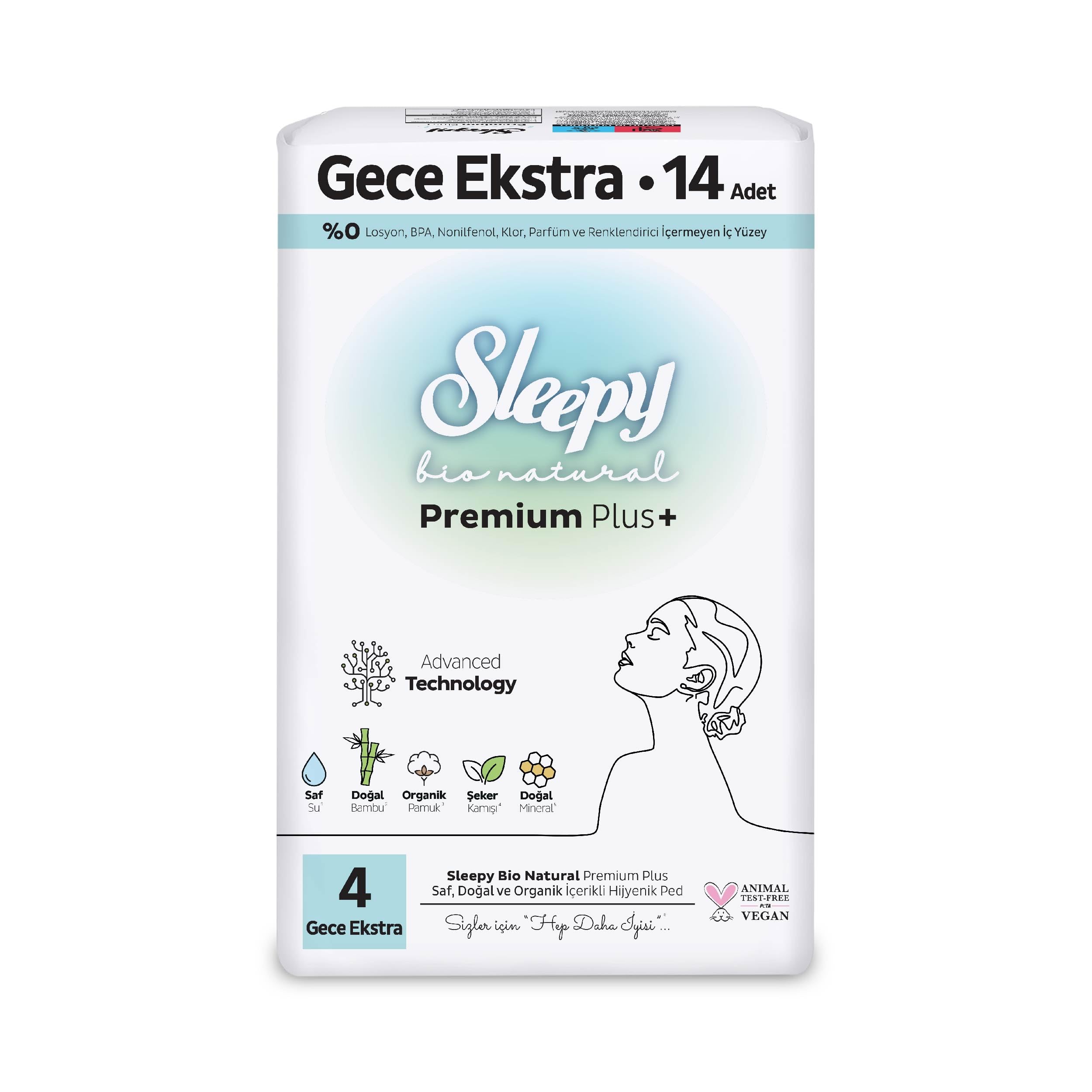 Sleepy Bio Natural Premium Plus Hijyenik Ped Gece Ekstra 14 Adet