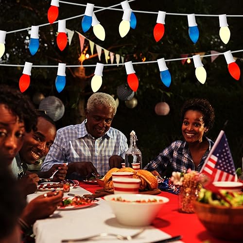 Miniatura 7 de Luces para exteriores del 4 de julio, luces rojas, blancas y azules, cadena de luces patrióticas C7 de 25 pies, ideal como decoración del 4 de julio
