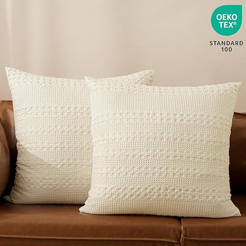 Miniatura 7 de PHF Fundas de almohada 100% algodón con tejido de gofre de 24 x 24 pulgadas, paquete de 2 fundas cuadradas para decoración elegante del hogar, sin