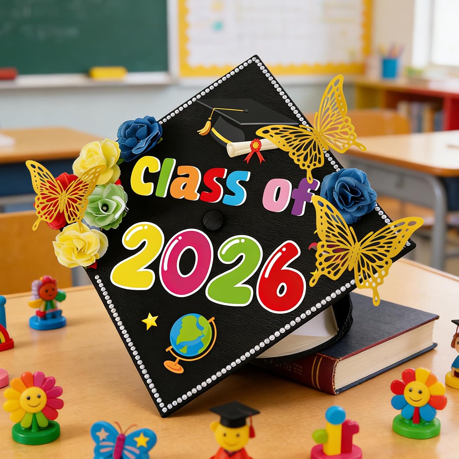 cosmisun 5th Grade Graduation Cap Decorations - 28 Pcs DIY Grad Cap Decorations Kit, Faux Flowers 3D Butterfly Rhinestones Pearl Stickers for Hat Topper Crafts, Class of 2026 Graduation Party Supplies image 3