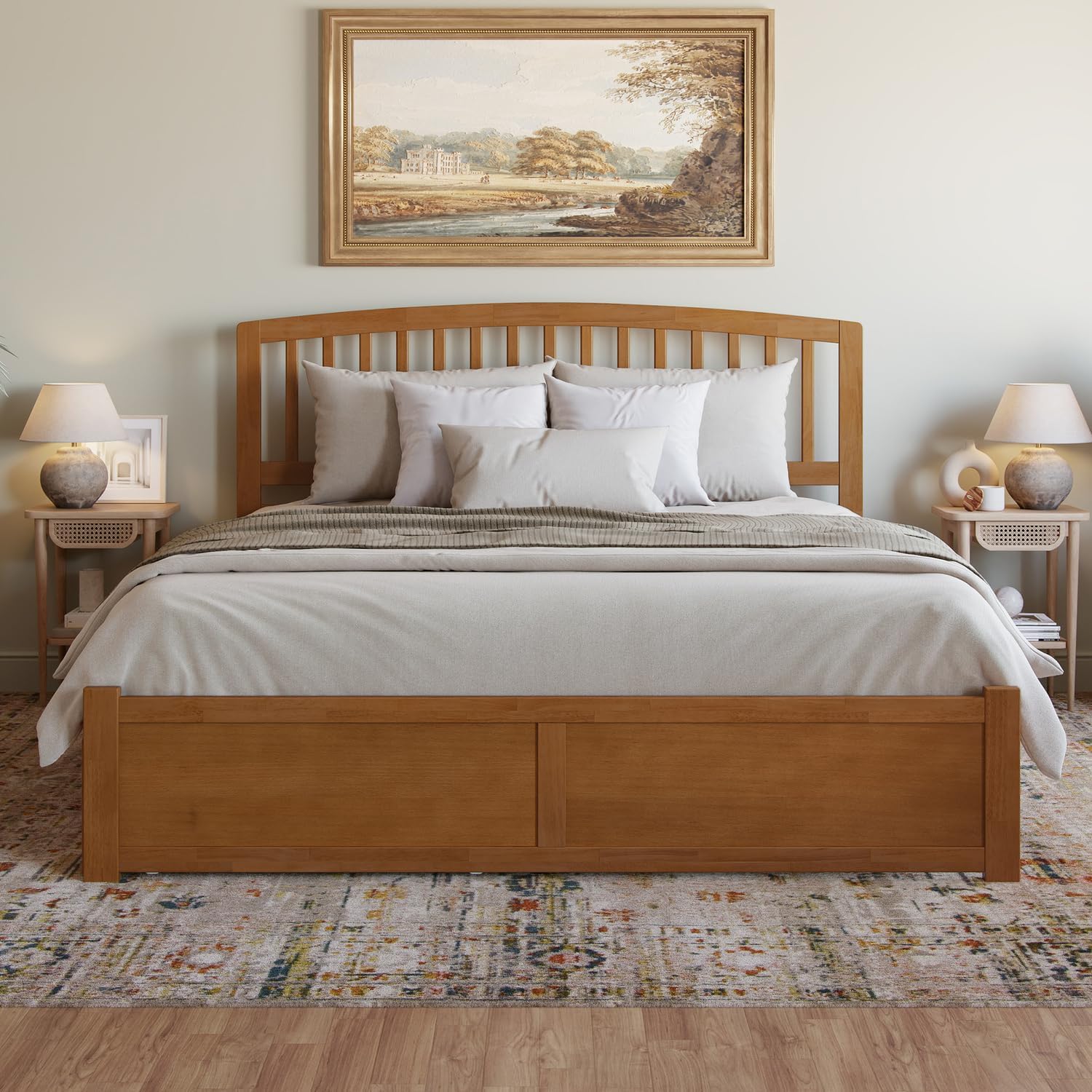 HomeStock Rustic Refinement King Solid Wood Platform Bed with Footboard & Twin XL Trundle in Light Toffee