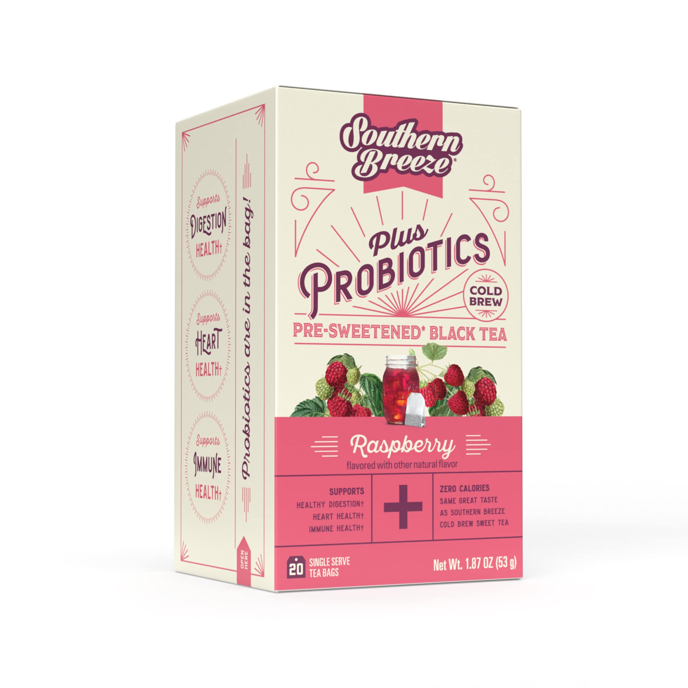 Southern BreezeCold Brew Sweet Tea Plus Probiotics Raspberry Iced Tea with Black Tea and Zero Carbs Zero Sugar 20 Individually Wrapped Tea Bags
