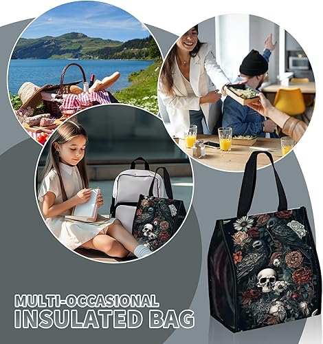 Miniatura 7 de Bolsas de almuerzo con diseño de calavera oscura, flor y águila, linda caja de almuerzo para mujer, grande, reutilizable, con aislamiento para el
