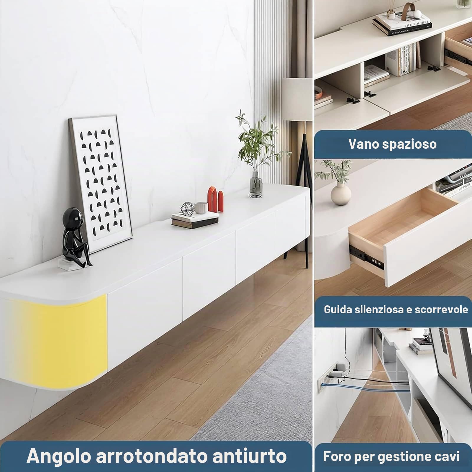 Mobile TV sospeso con Magazzinaggio Mobile TV a parete-Bianco+LED luci-120CM