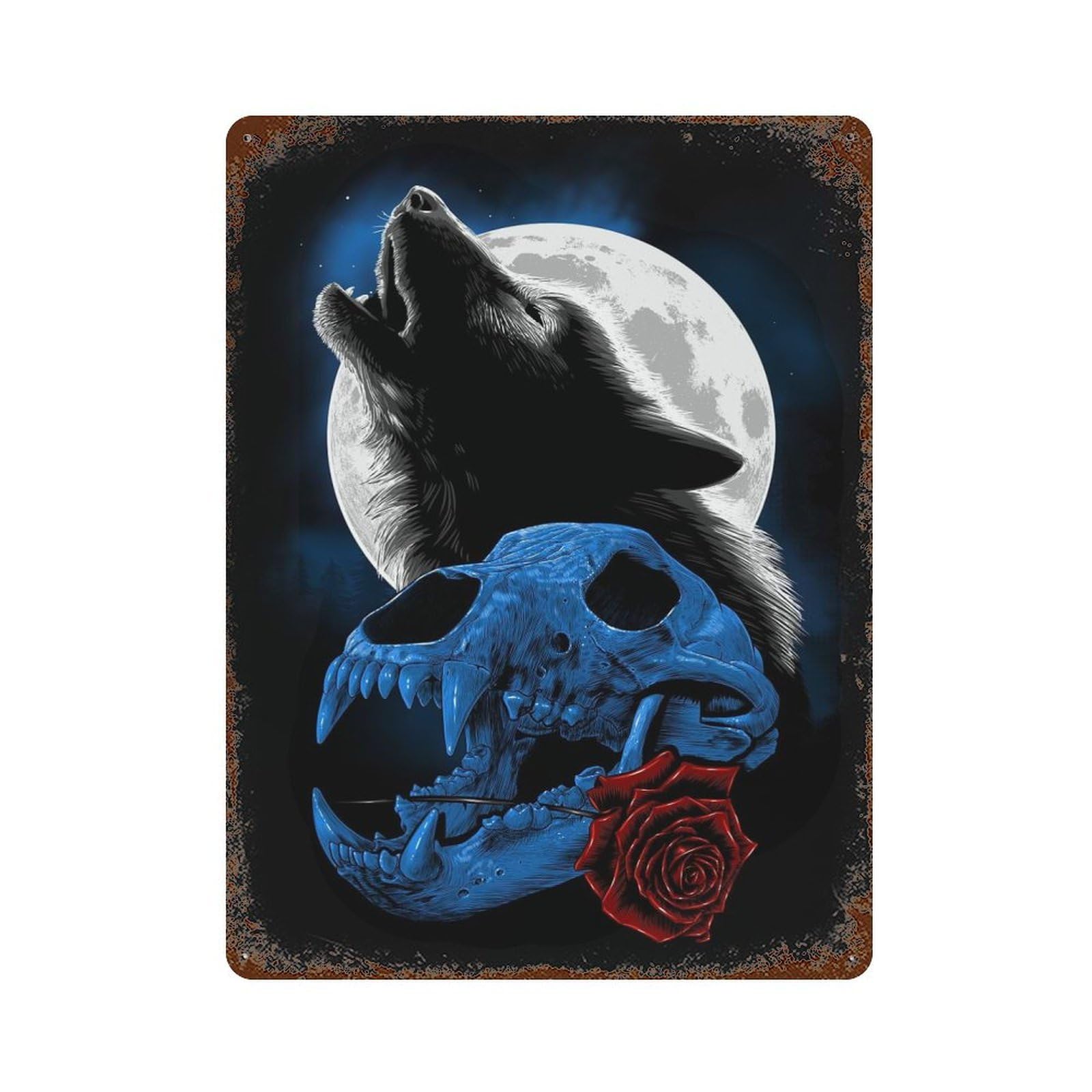 Decorative Tin Sign with Wolf Howling Moon Design 15.7"x11.8", for Garage, Bar And Workshop Decor, Farmhouse Wall Decor