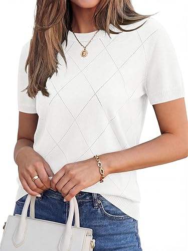 Vrtige Women's Knit Round Neck Short Sleeve Business Casual Pullover Blouses Whi