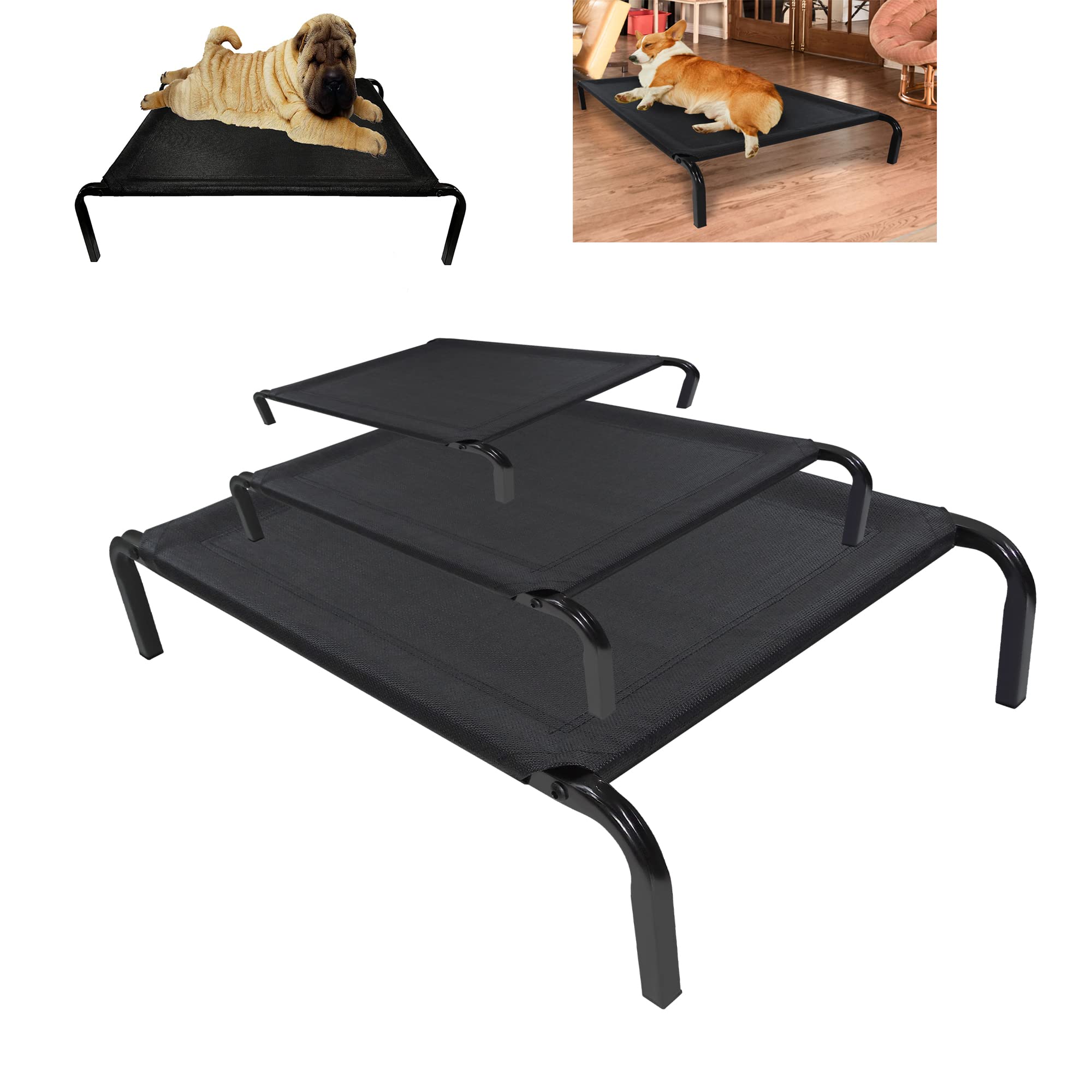 ANSIMIDA Raised Dog Bed, Chew Proof Elevated Dog Bed with Washable & Breathable Mesh, Portable Pet Cot with Supereasy Latch Fastener Design, Silver Aluminum Frame, No-Slip Feet, Small, Black