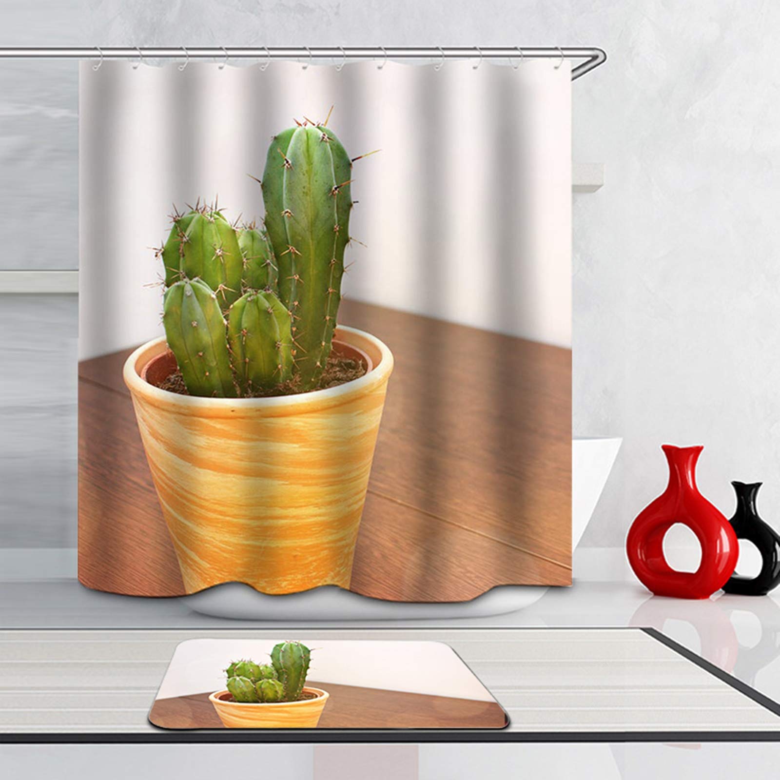 Daesar Dywaniki łazienkowe prysznic antypoślizgowe 40 x 60 rośliny pokojowe kaktusy antypleśniowe 180 x 180 cm zasłona prysznicowa, zestaw 2-częściowy